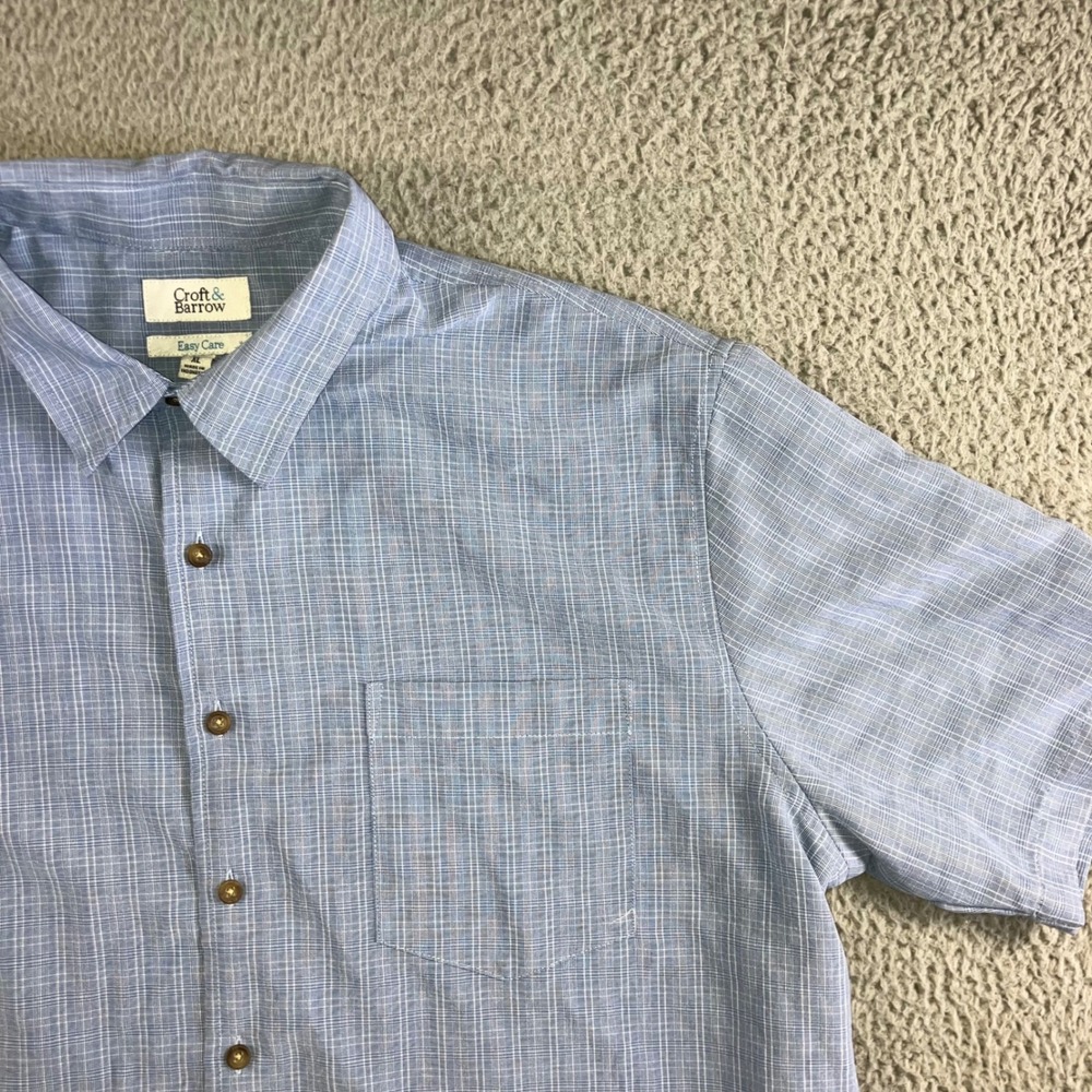 Croft & Barrow Mens Plaid Short‎ Sleeve Button Up Shirt Easy Care XL Blue White